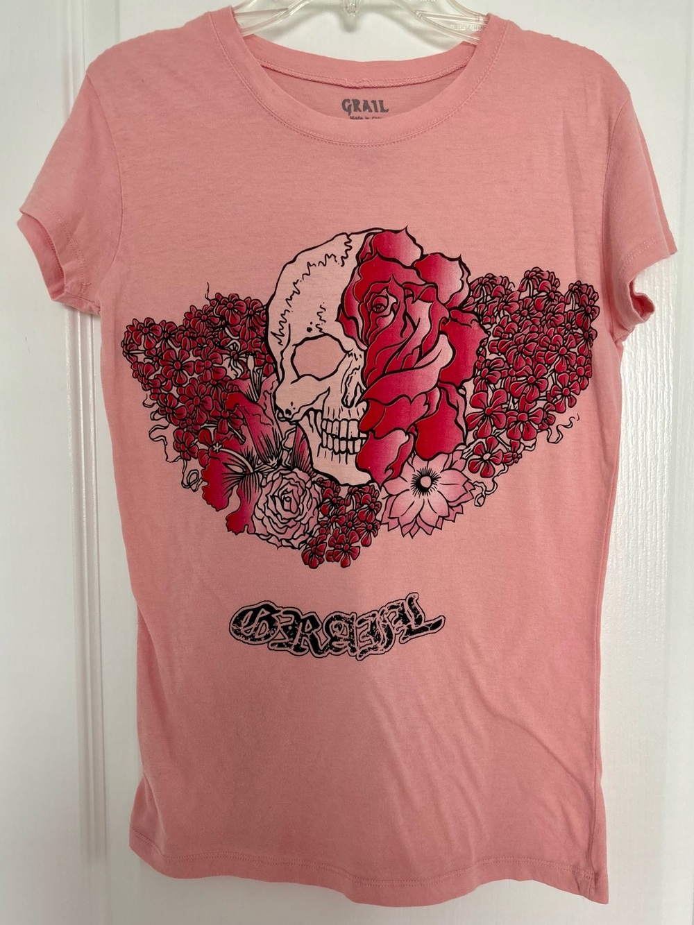 GRAIL Pink Skull Rose Graphic Tee Goth Tattoo Y2K Grunge T-Shirt Women’s Medium